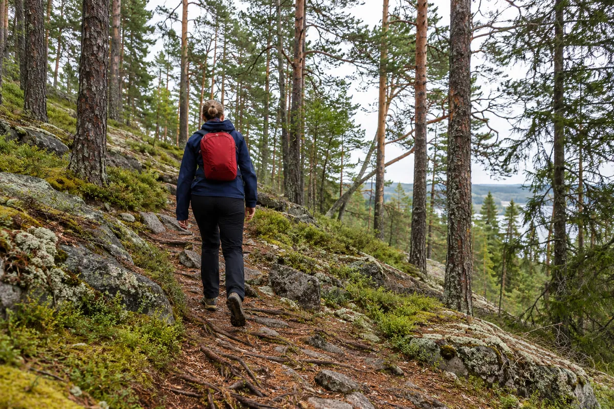 Punareppuinen retkeilijä kallioisella metsäpolulla.