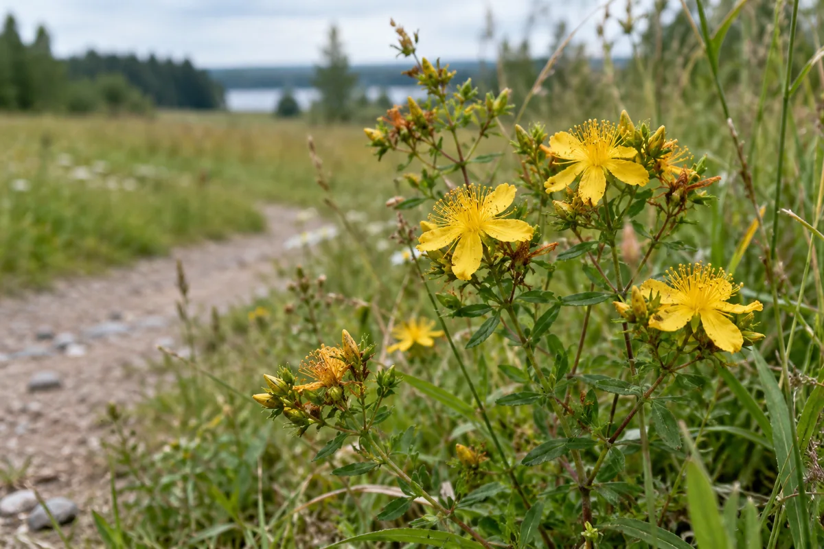 Mäkikuisman keltaisia kukkia niityn reunalla.