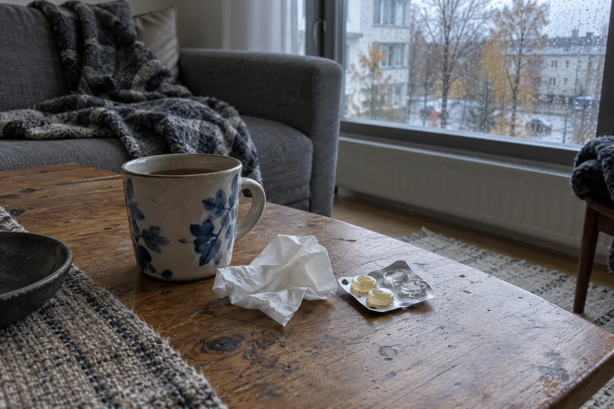 Teemuki, nenäliina ja osittain käytetty imeskelytablettien läpipainopakkaus olohuoneen pöydällä.