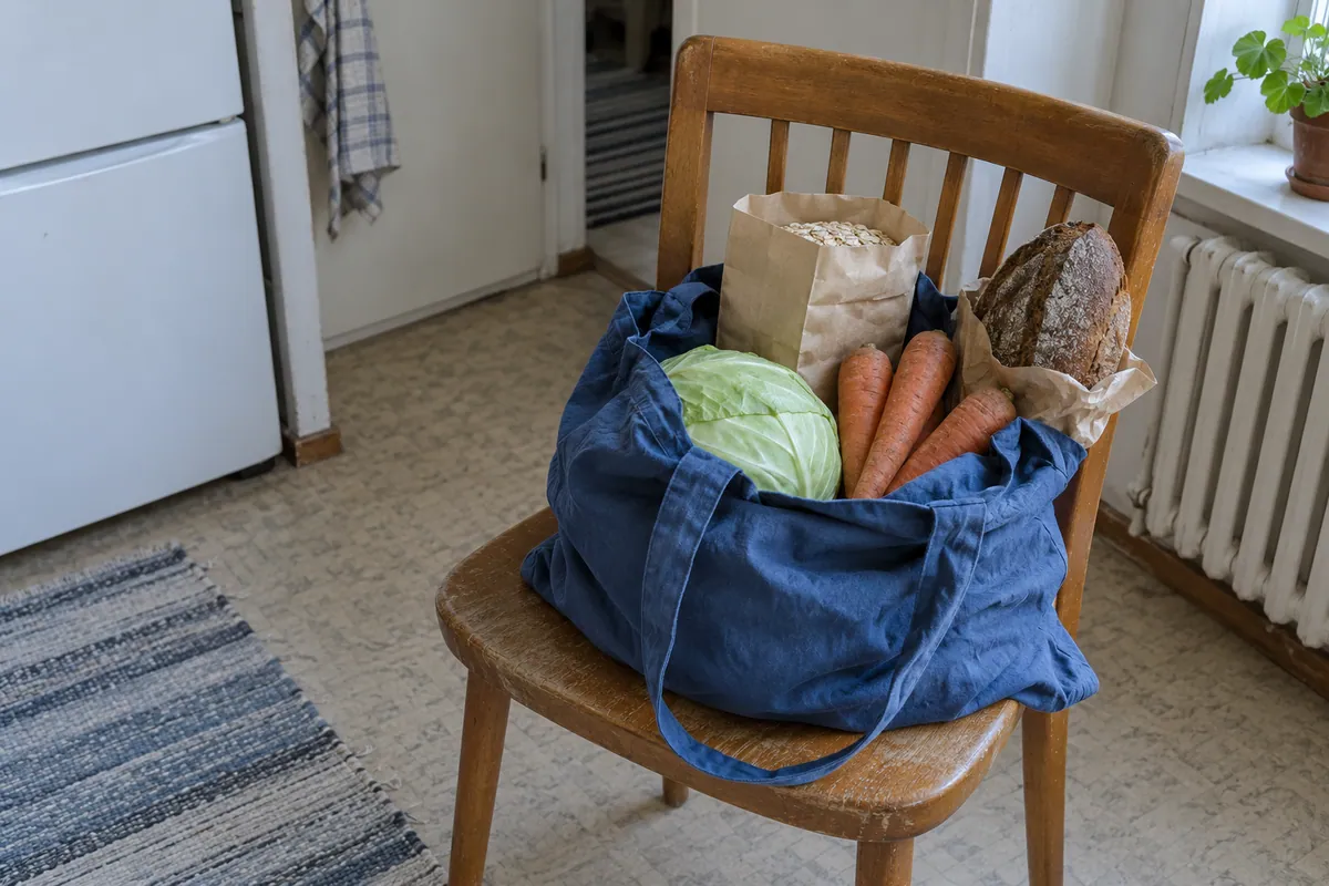 Kauppakassissa kaalia, porkkanoita, kaurahiutaleita ja ruisleipää keittiön tuolilla.